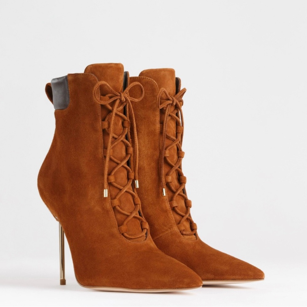 Good American Shoes Good American Brown Suede Booties Lace Up Stiletto Size 8.5